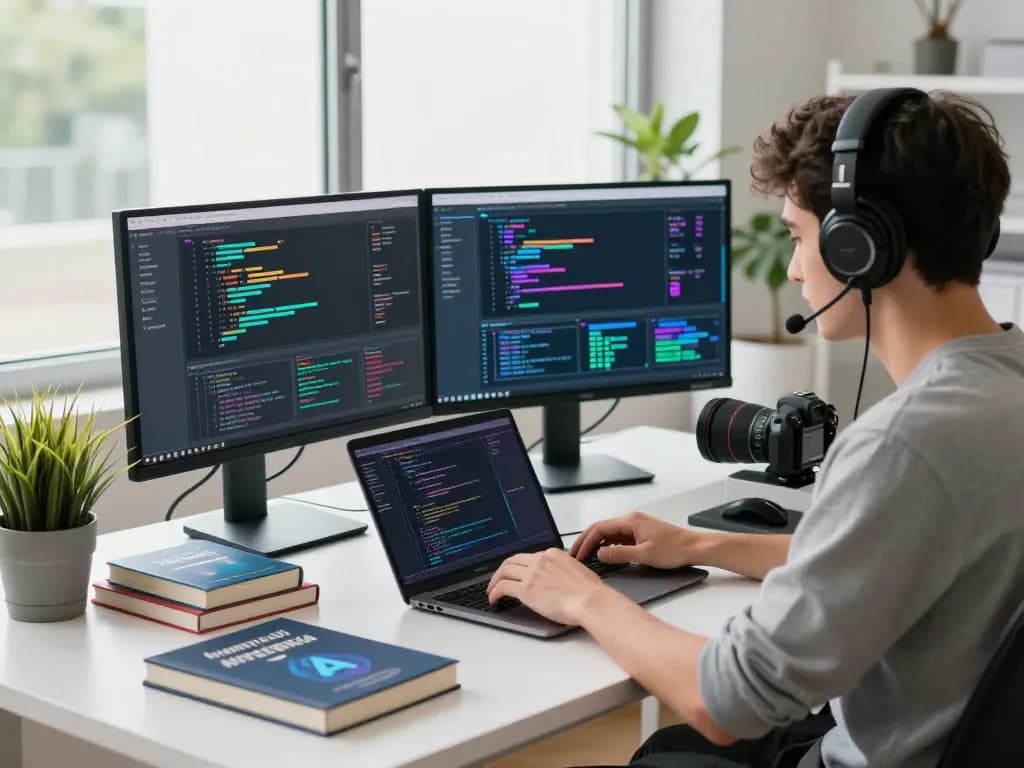 Engaged developer working on juicy ai algorithms in a modern tech workspace with bright natural light.