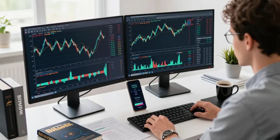 bitmex отзывы: Трейдер анализирует графики BitMEX в современном офисе с кофе и документами.