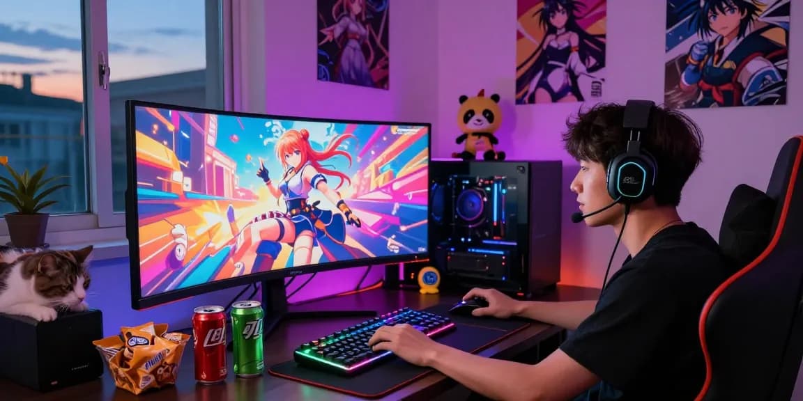 Intense player enjoying hentai games in a vibrant gaming room.