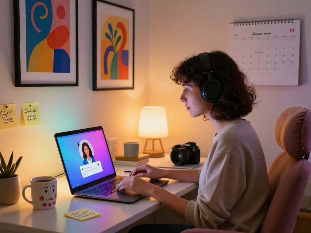 Engaging in an AI sex chat from a cozy home office with innovative technology.