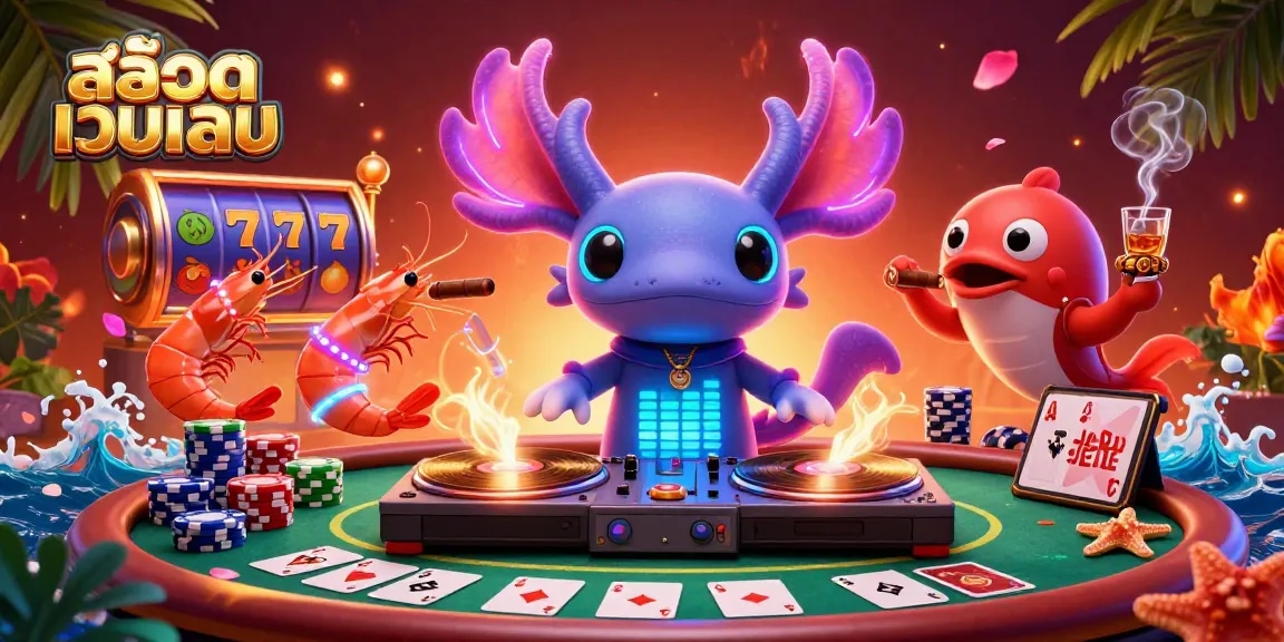 Win big with สล็อตเว็บตรง in this vibrant, energetic casino scene featuring a DJ axolotl and friends.