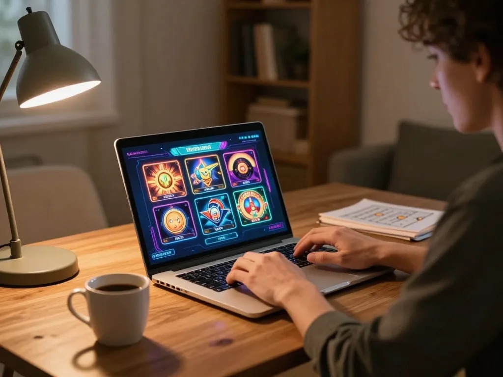 Engaging gaming session at home with Fokus77 on screen, showcasing online slots.