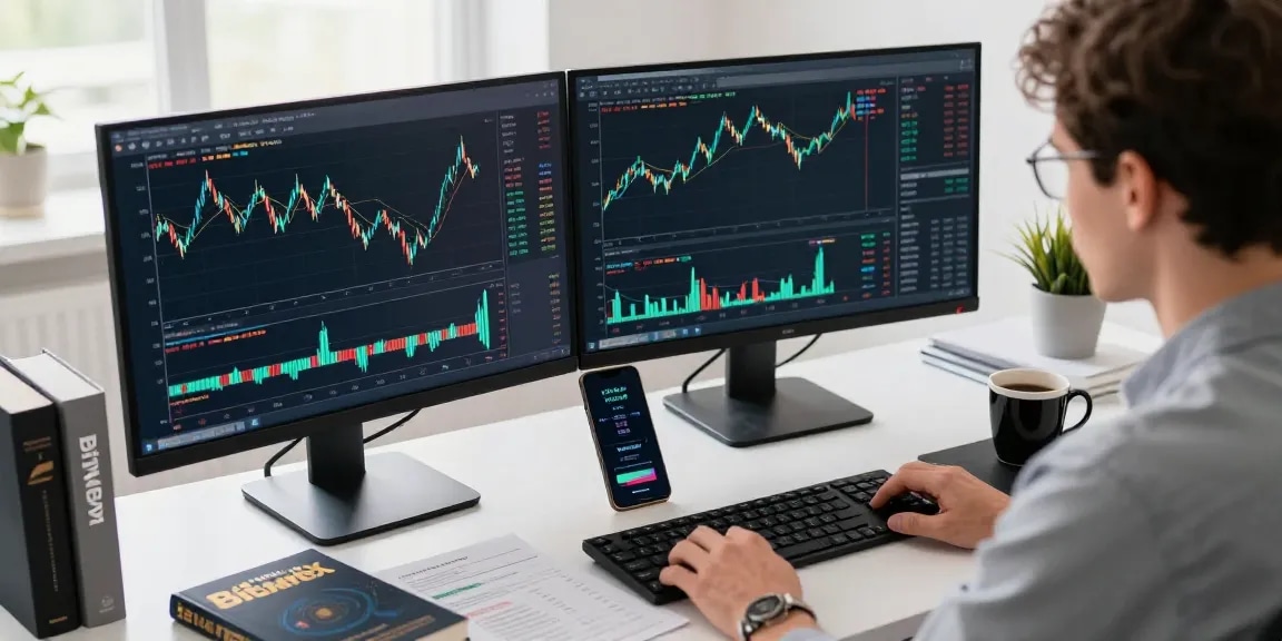 bitmex отзывы: Трейдер анализирует графики BitMEX в современном офисе с кофе и документами.