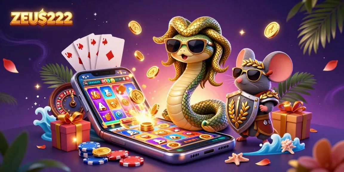 Experience the excitement with ZEUS222 as a friendly Medusa and warrior mouse engage in vibrant casino activities.