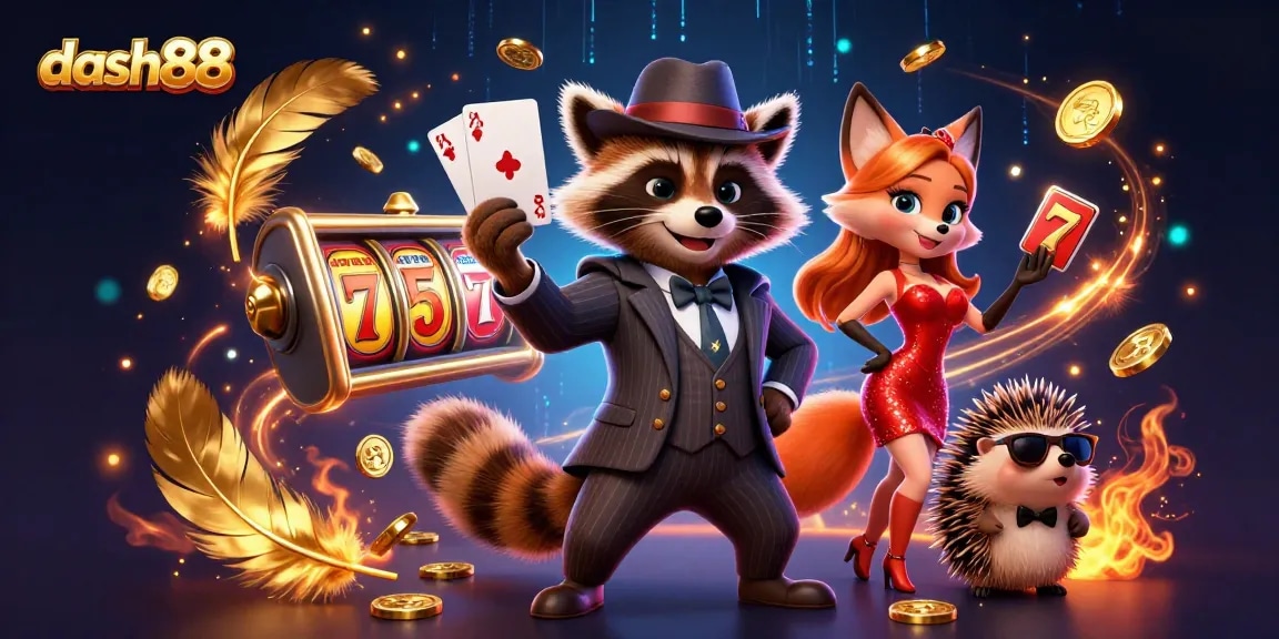 Experience thrilling games at dash88 with a suave raccoon, stylish fox, and hedgehog bouncer in this vibrant casino scene.