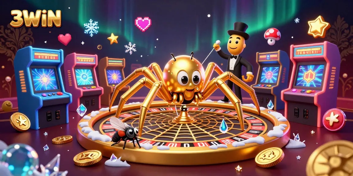3WIN showcases a unique gaming atmosphere where a fly bets nervously at a roulette wheel web controlled by a centipede dealer.