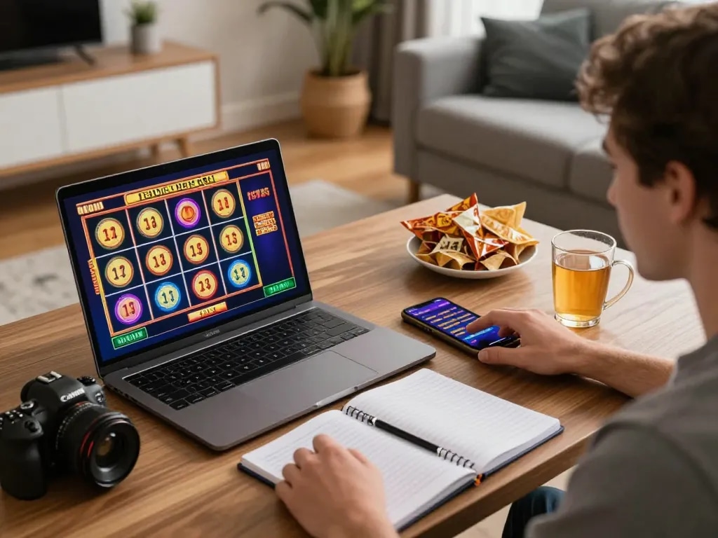 Pemain Aman788 terlibat dalam permainan slot online yang penuh warna di laptop dalam suasana yang nyaman.