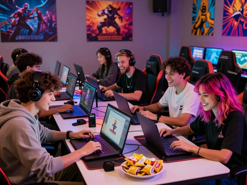 Players engaged in game nk88 in a vibrant gaming lounge with laptops and mobile devices.