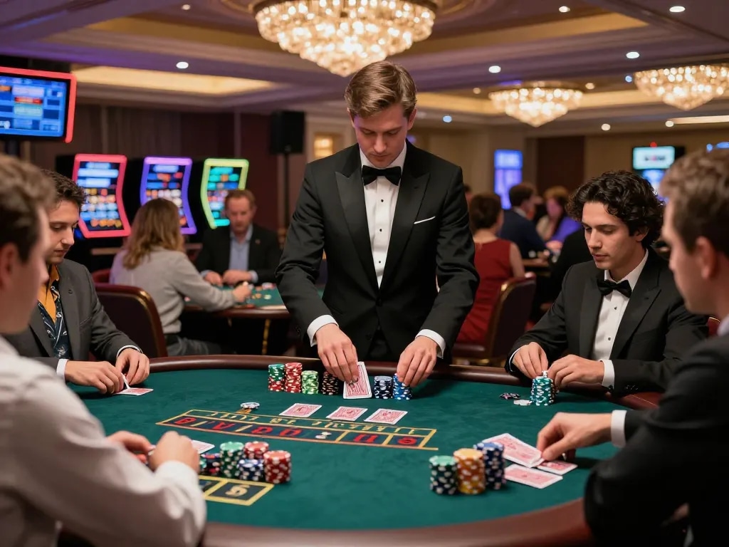 Players enjoying bdtk66 online blackjack in a luxurious setting with a professional dealer and vibrant atmosphere.