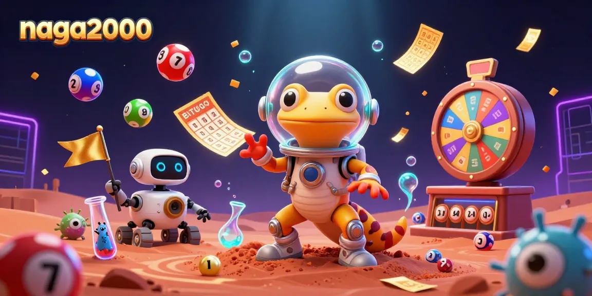 Naga2000 menghadirkan gecko Martian berpetualang di kasino emas, dikelilingi bola lotere berwarna.