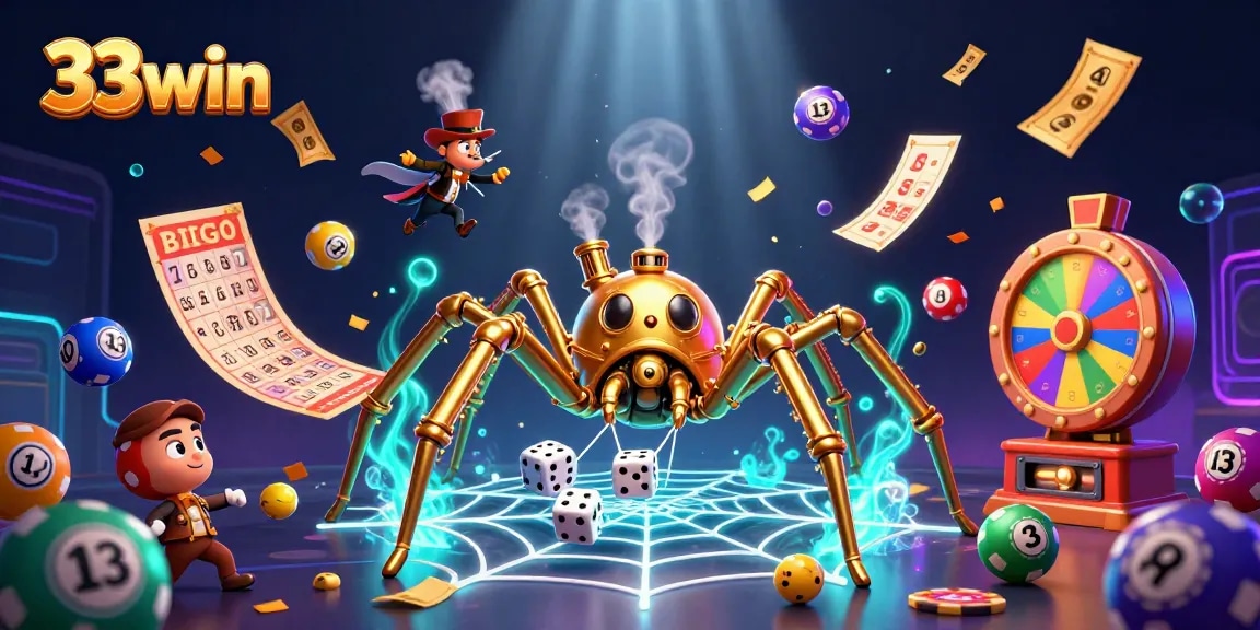 Engage with 33win's vibrant casino scene featuring a golden spider amidst dynamic lottery elements.