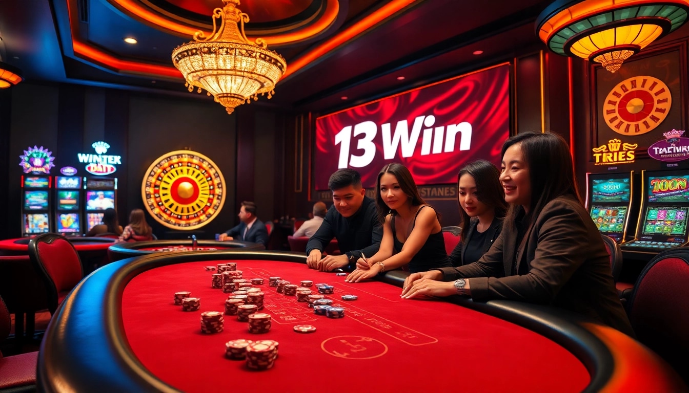 Players enjoy a thrilling game at the 13Win poker table in a vibrant casino environment.