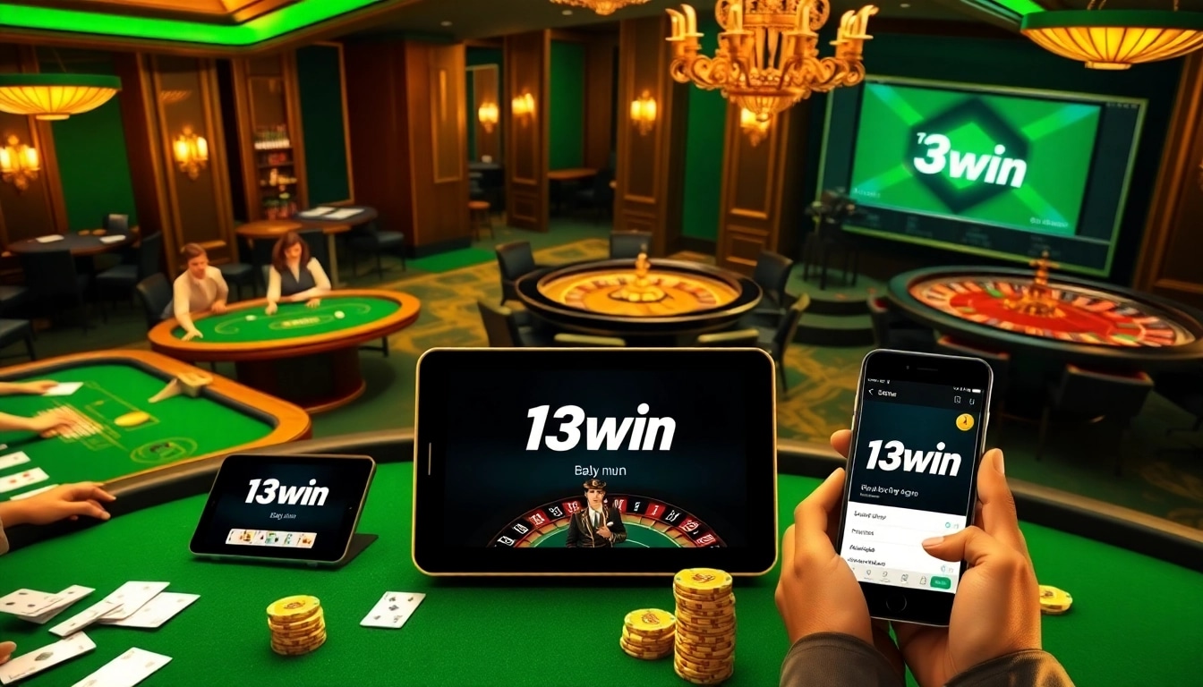 Players engaging in online gambling with 13win interface displayed on screens.