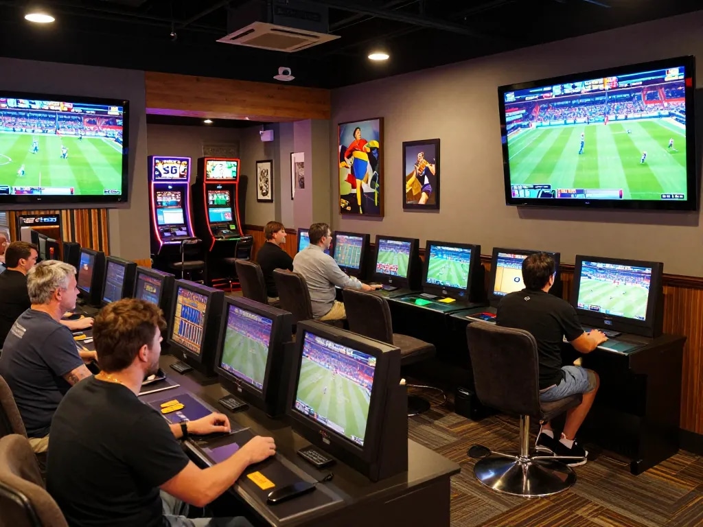 A lively sports betting area featuring patrons engaging with kèo nhà cái displays and live games, showcasing excitement.