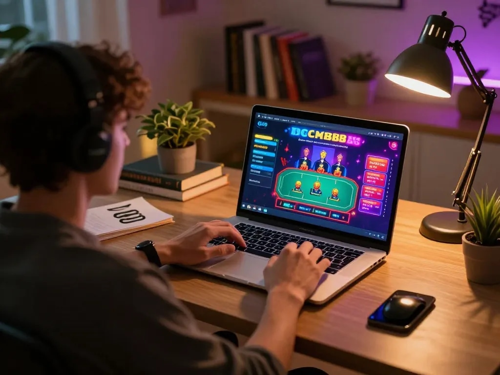 Player exploring cm88 casino interface on a laptop, enjoying a lively home gaming experience.