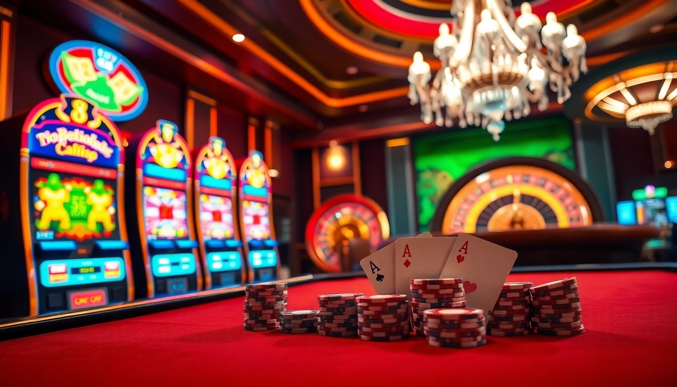 Experience the excitement of 88vv as players engage with vibrant slot machines and poker tables in a luxurious casino setting.