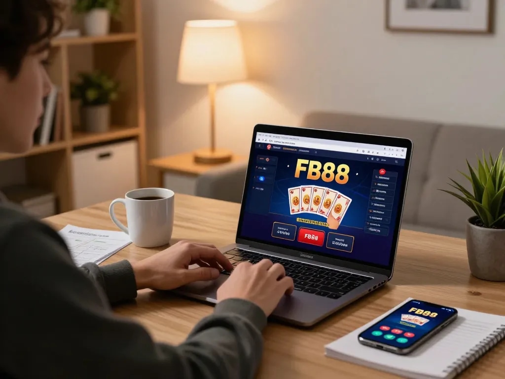 Engaged player exploring FB88's online casino features on laptop in a cozy home office.