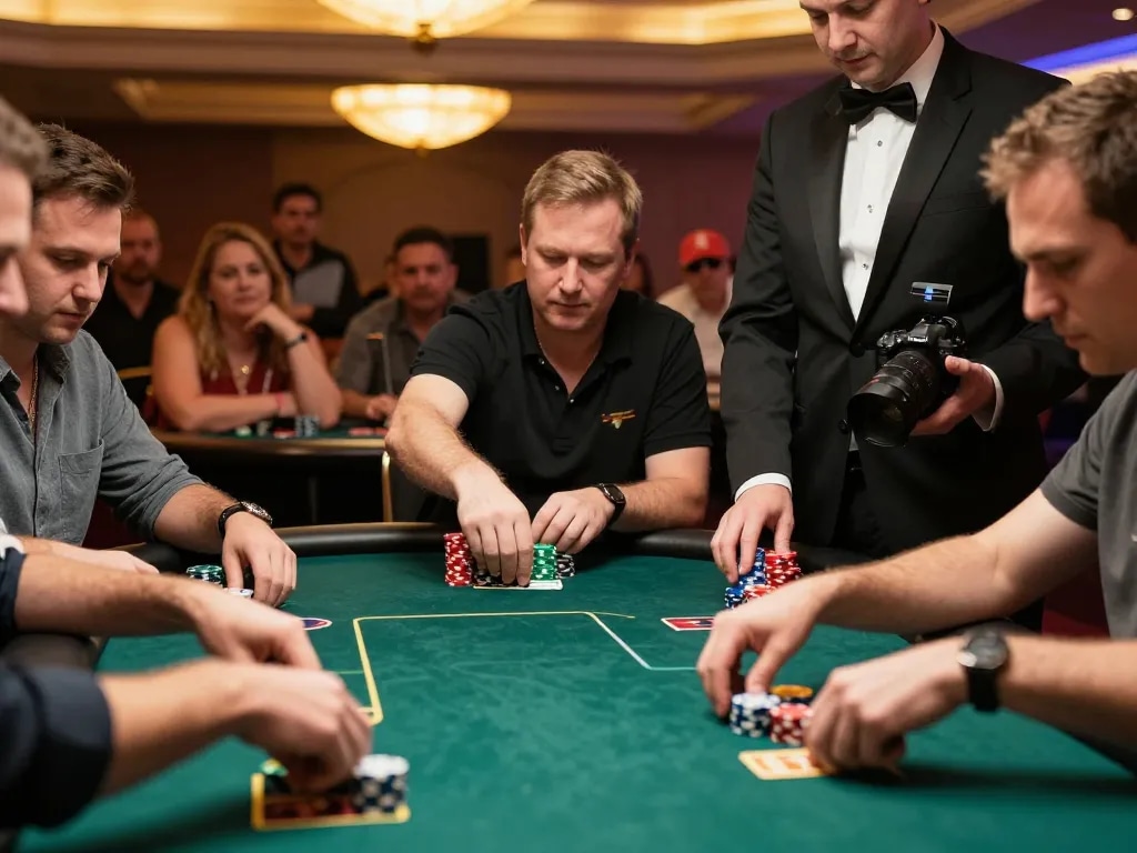tr88 players calculating their strategy during intense poker action at a Vegas casino.
