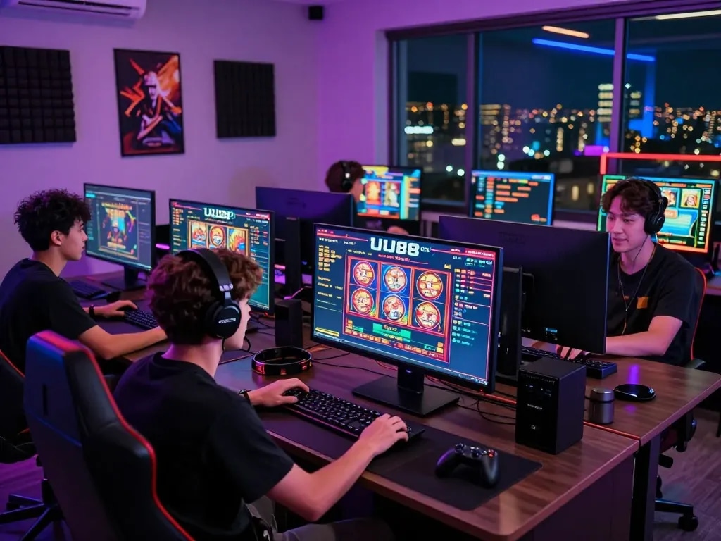 Engaged player enjoying live casino games on UU88 COM with vibrant gaming setup.