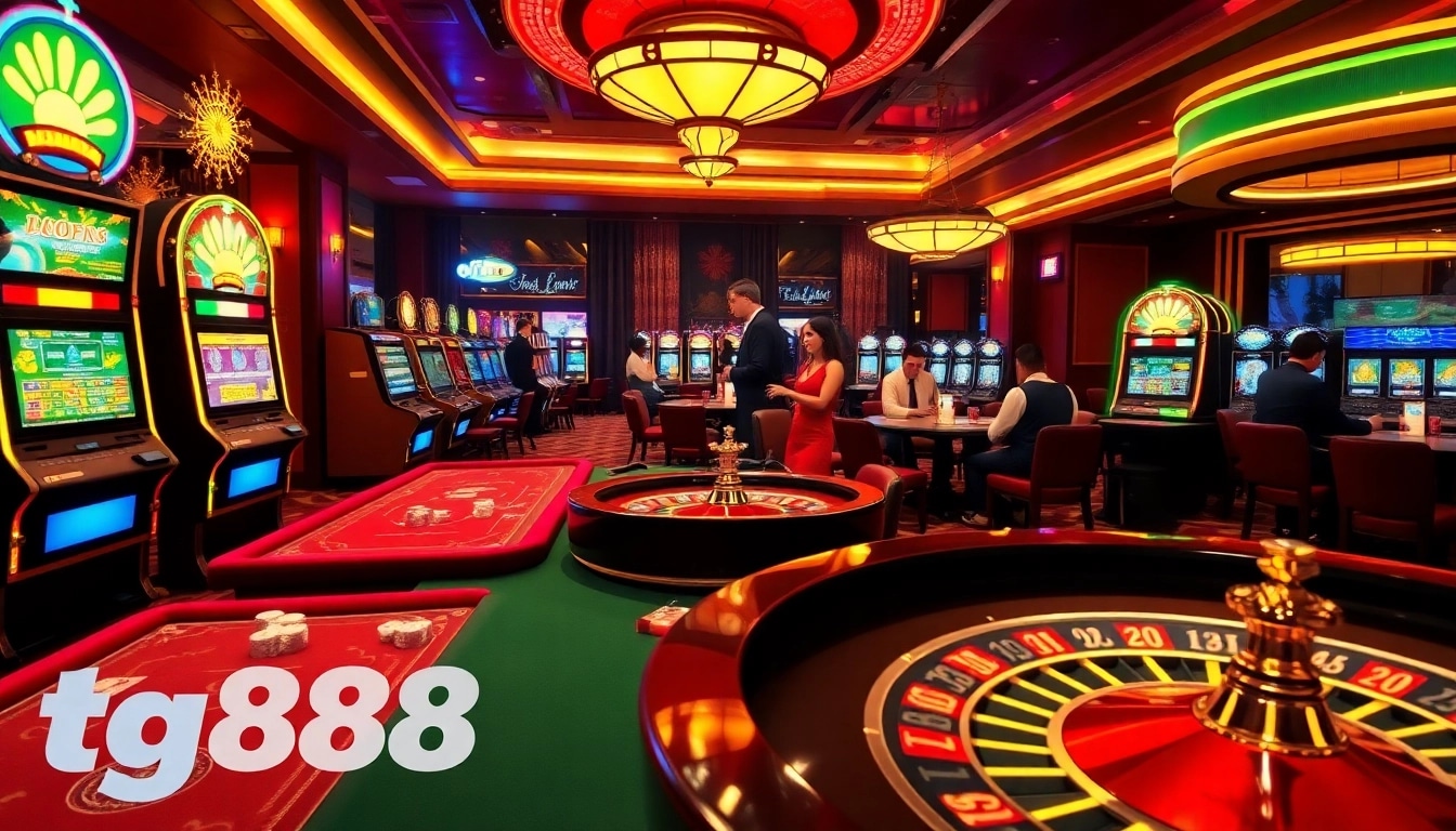 Experience the vibrant tg88 casino atmosphere with players at slot machines and poker tables.