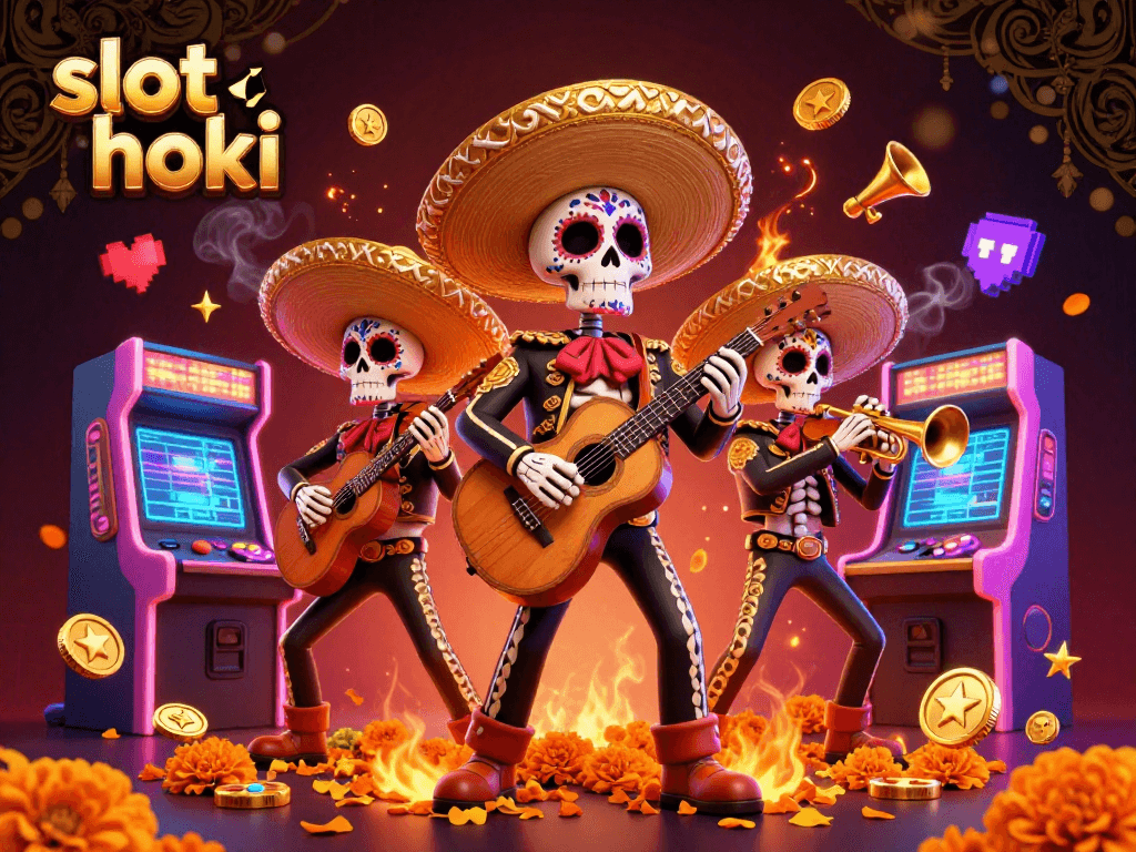 Experience the thrill of slot hoki with a vibrant Day of the Dead mariachi band amidst colorful gaming elements.