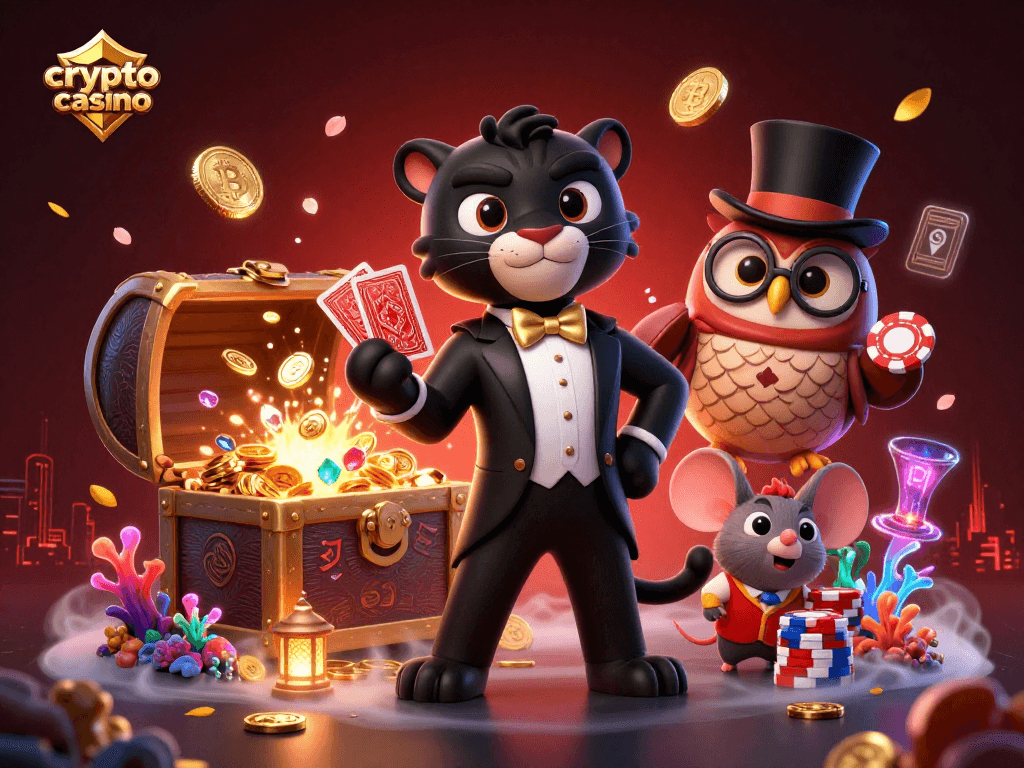 Engaging scene of a crypto casino featuring a stylish panther and owl, lively gaming atmosphere.