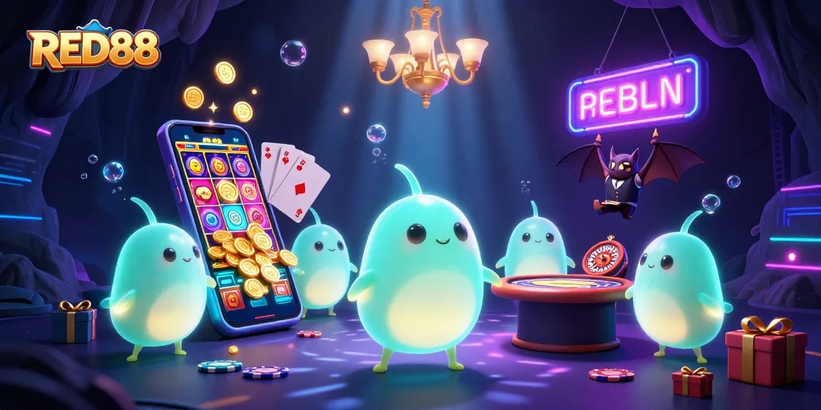 Experience the thrill of RED88 in this vibrant casino scene filled with glowworms and exciting game elements.