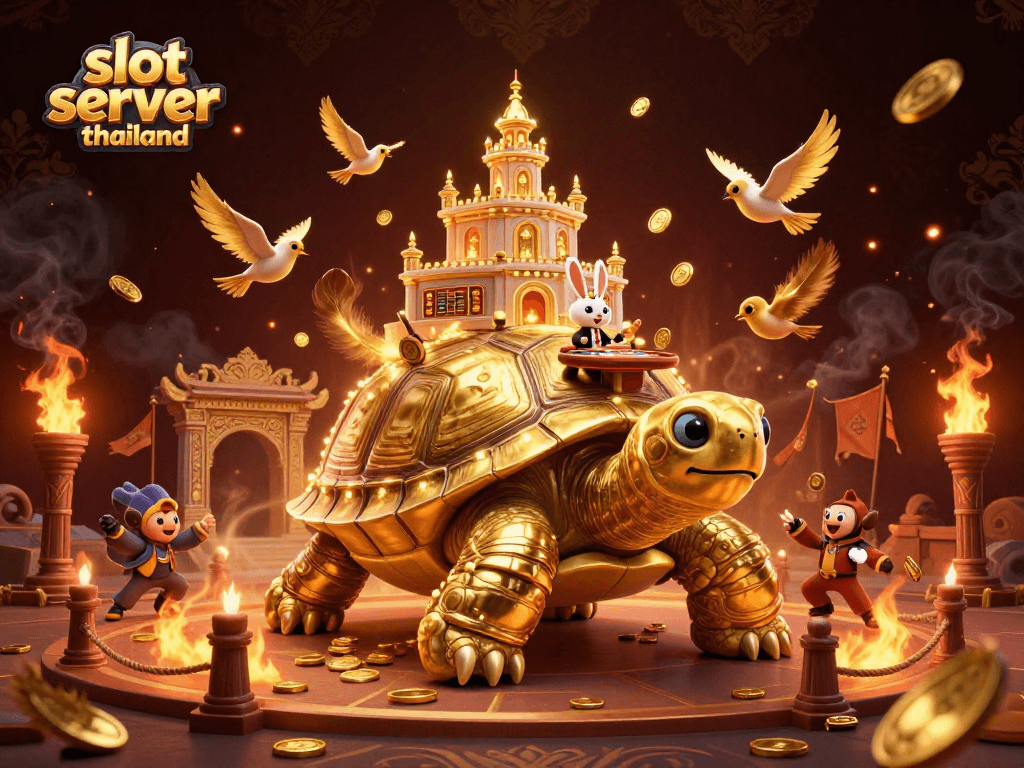 Experience the thrill of slot server thailand with a vibrant 3D casino scene featuring a golden tortoise and rabbit dealer.