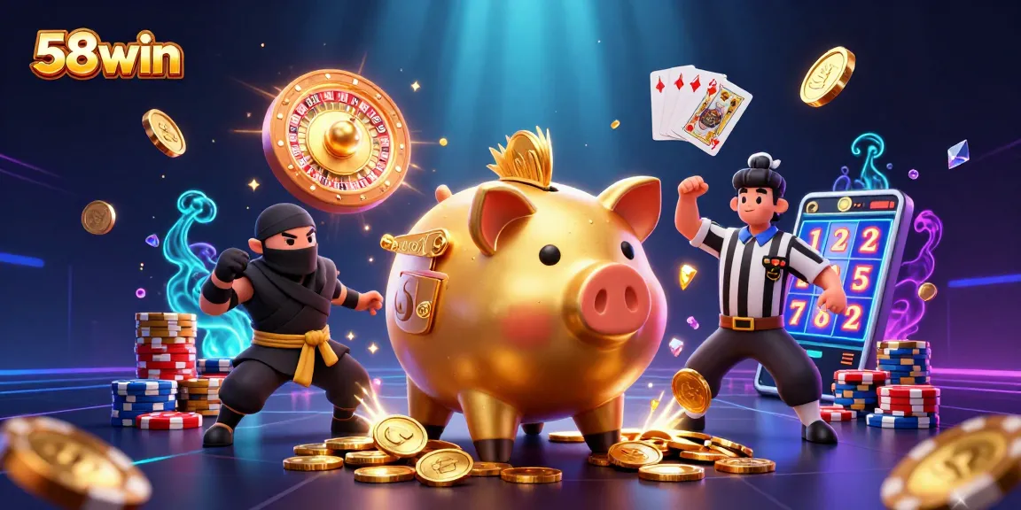 Experience the thrilling world of 58win with a dynamic scene of a sumo wrestler, ninja, and referee amid colorful casino elements.