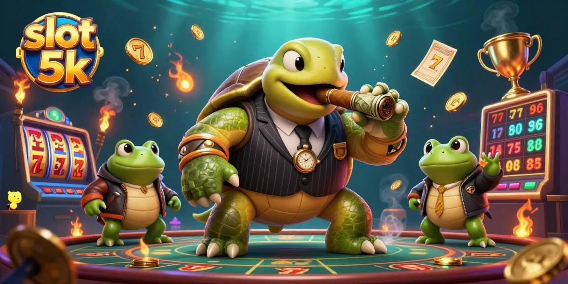 Experience thrilling slot 5k action with our 3D turtle mobster, jackpot elements, and vibrant casino lights.