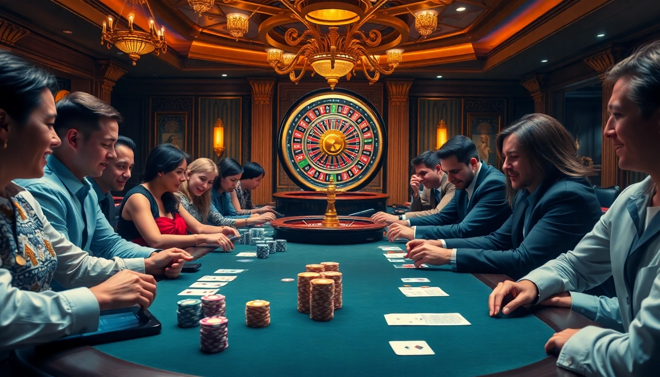 Players excitedly betting at a luxurious poker table in a modern casino supporting https://kk55.space/ promotions.