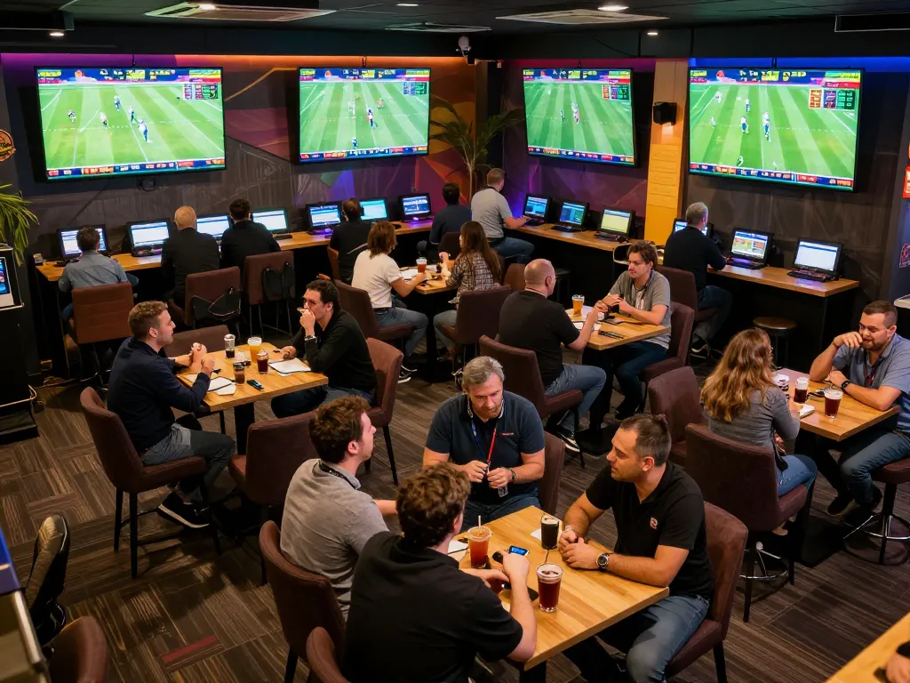 Engaging moment at a kèo bóng đá betting lounge with enthusiastic patrons analyzing odds while placing bets.