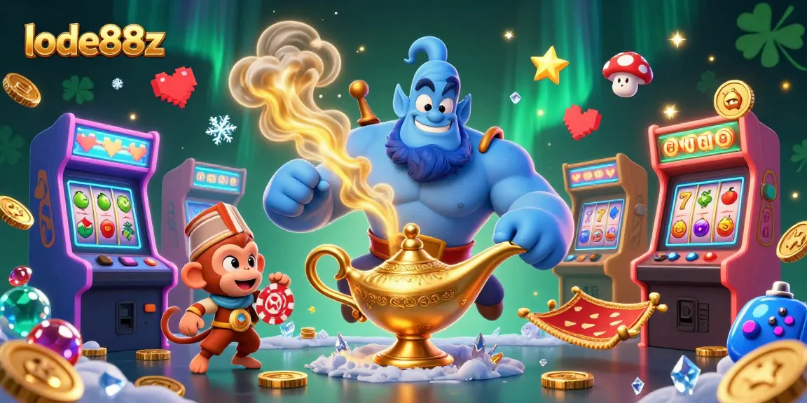 Play at lode88z with an immersive 3D casino illustration featuring a magical genie and vibrant gaming elements.