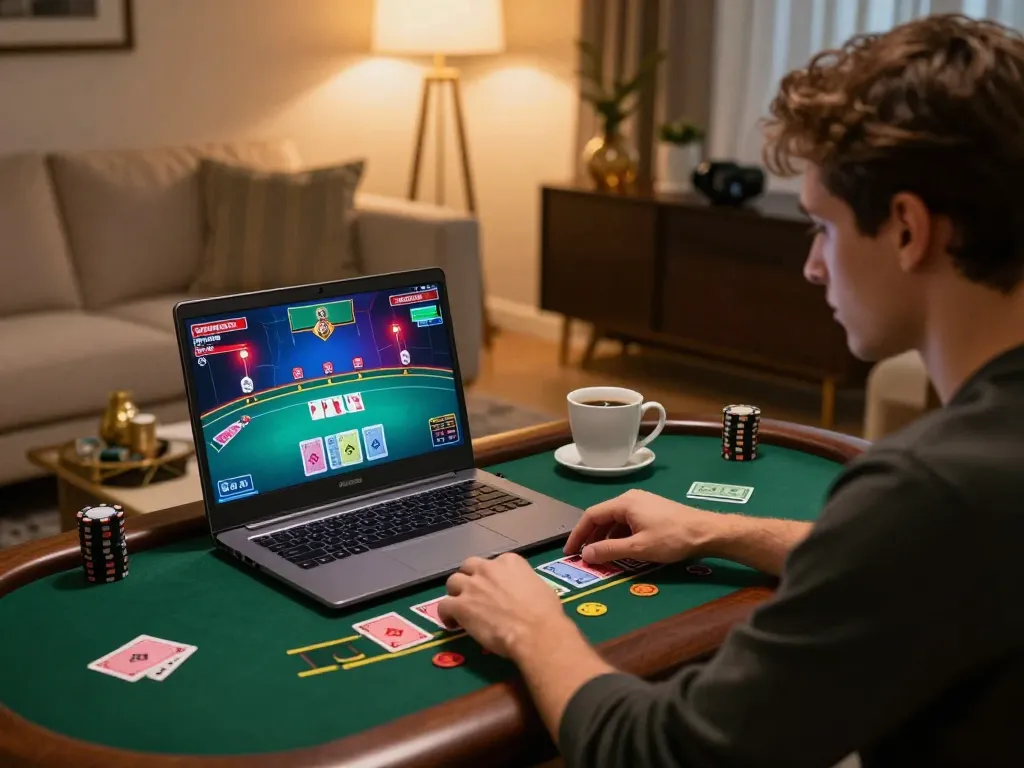 Player engaging in an online blackjack game on 7-hd, showcasing strategy and excitement in a cozy home setup.