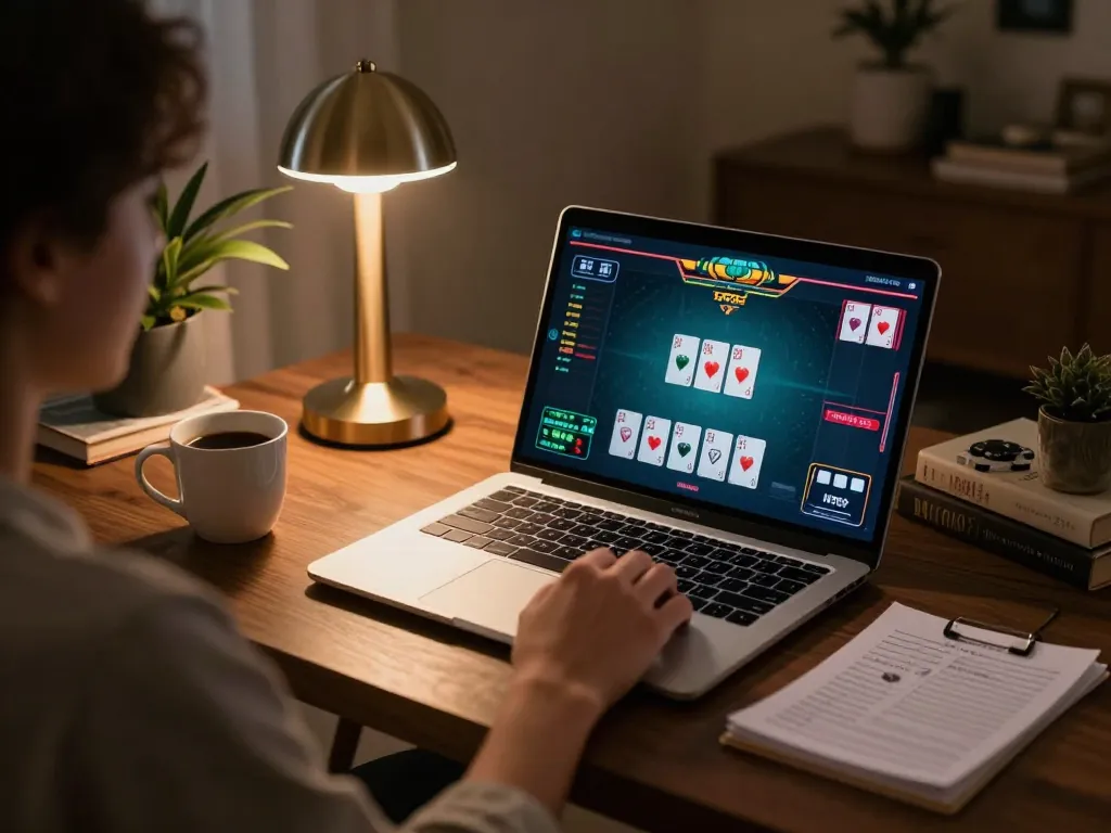 RR88 SELECT player engaged in a strategic online poker game at home, showcasing cozy setup.