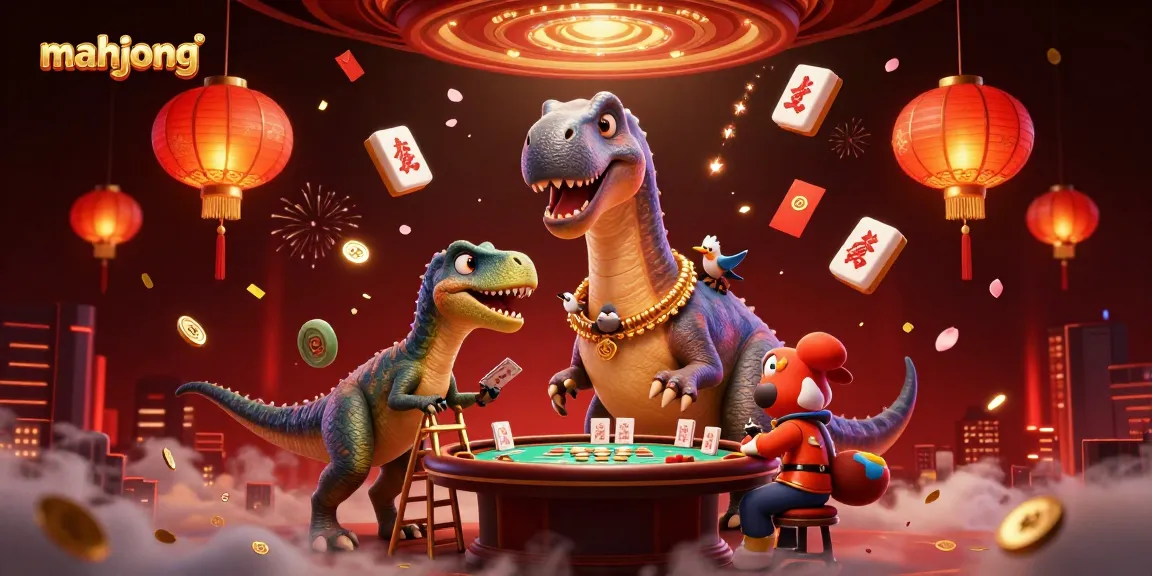 Mainkan mahjong dengan brontosaurus dan raptor dalam ilustrasi kasino yang penuh warna.