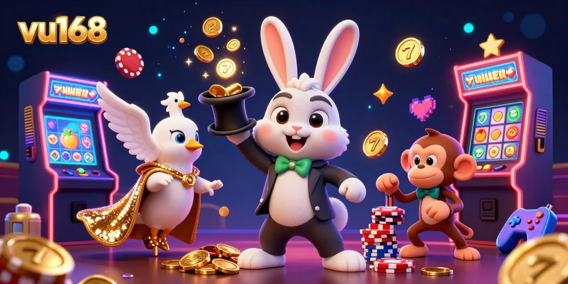 Engage with vu168's vibrant casino scene featuring lucky characters and exciting game elements.