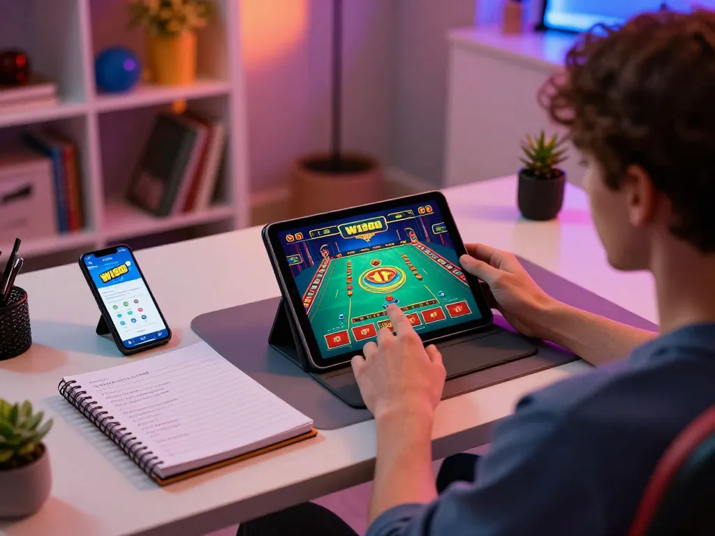 Enjoying online gaming with W188 app in a cozy home setting, showcasing a modern gaming atmosphere