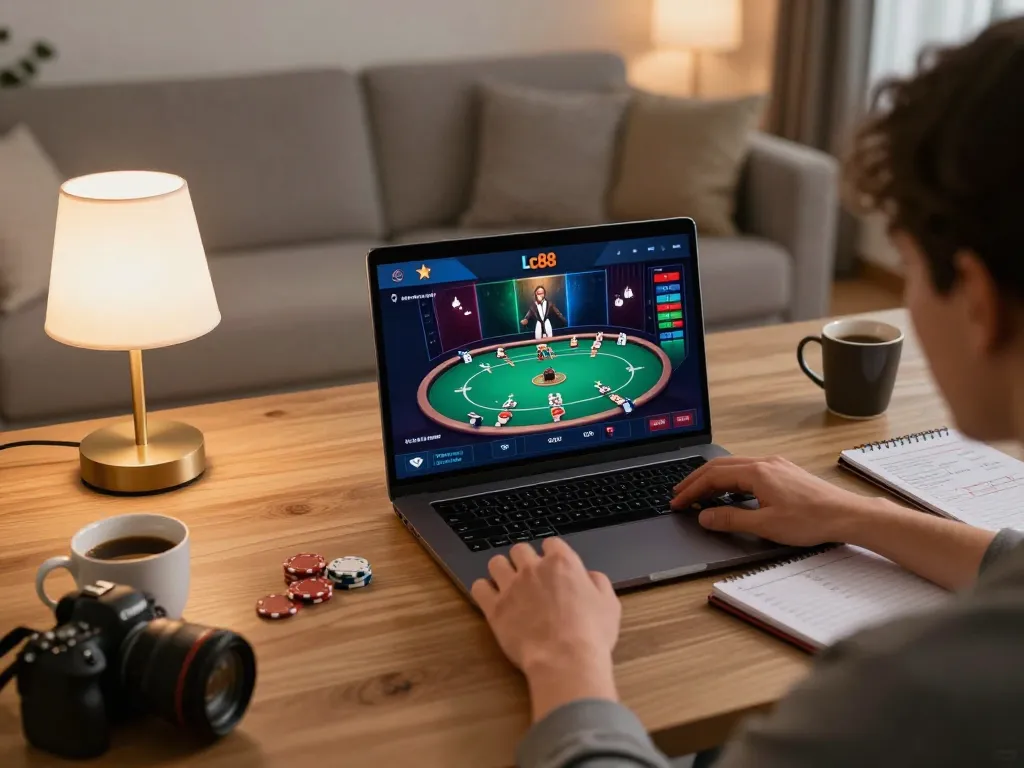 Engaging with Lc88 Vina online casino on a laptop in a cozy home setting with strategy notes