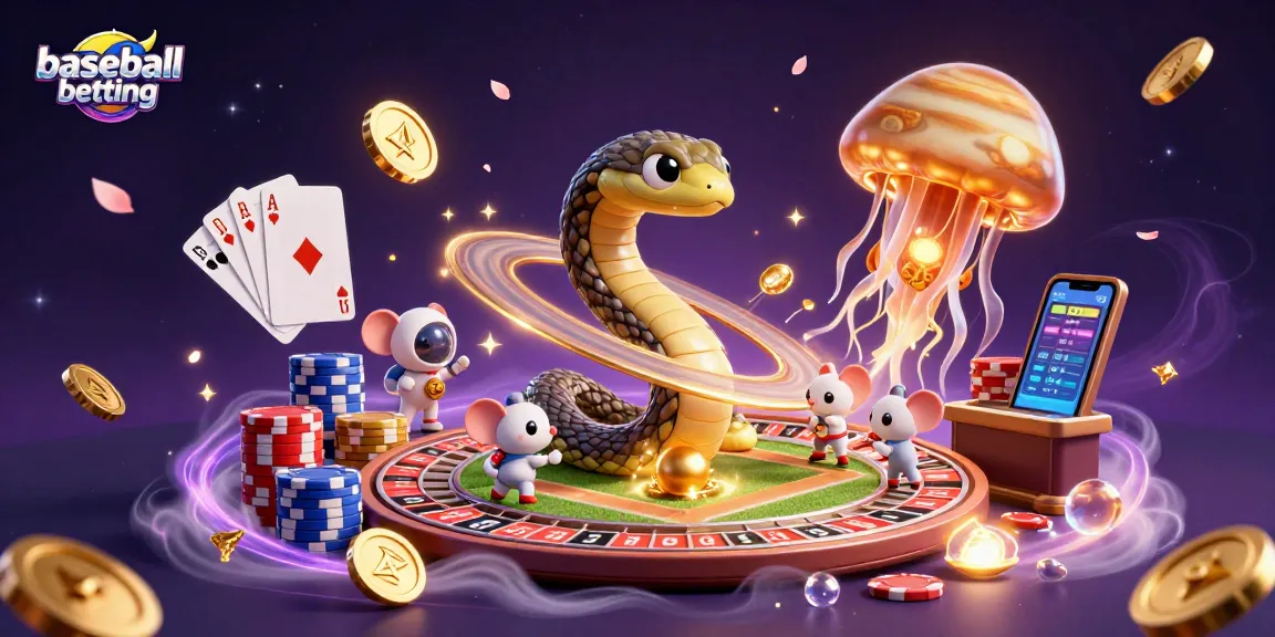 Engage in baseball betting with a dynamic cosmic scene of cartoon characters and vibrant casino elements.
