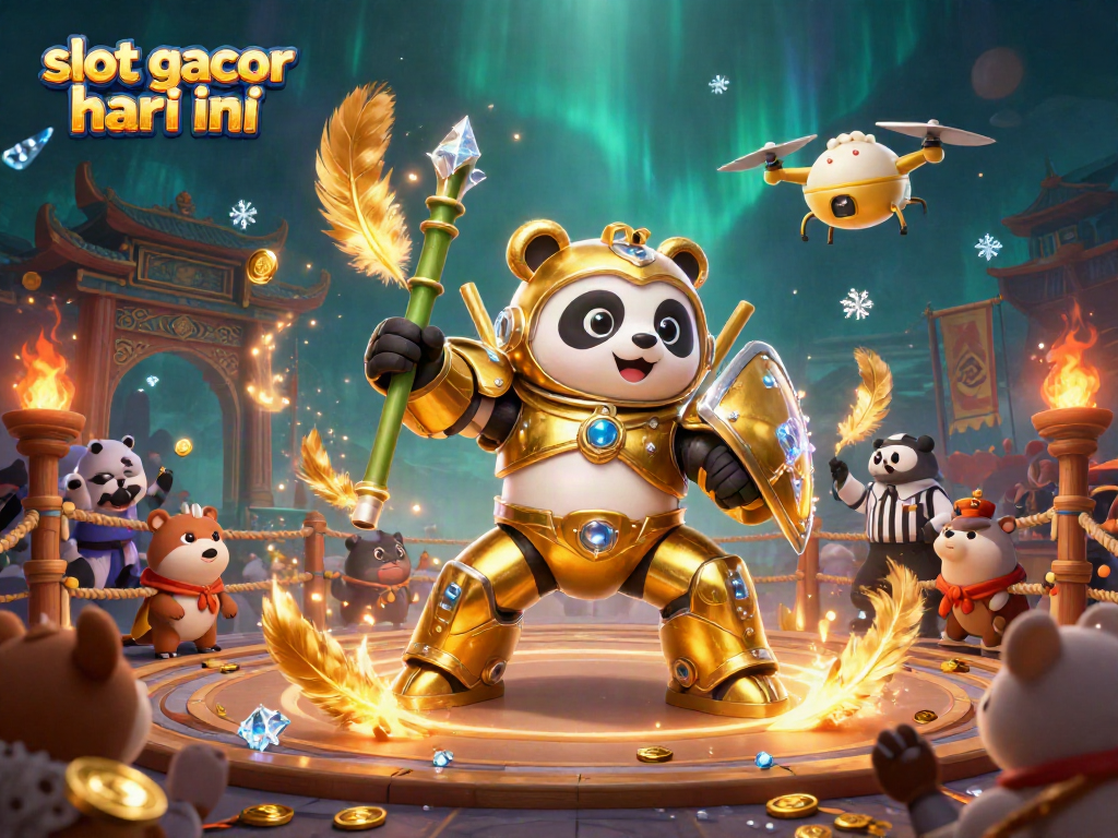 Kuasai slot gacor hari ini dengan panda emas dan robot pertarungan dalam arena kasino yang kaya.
