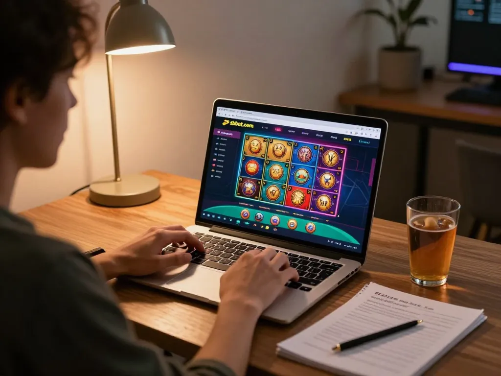 Playing slots on shbet.com in a cozy home office setup, showcasing an engaging online gambling experience.