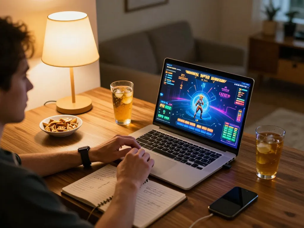 MPOID player engaging with interactive online casino game on laptop, cozy home setup