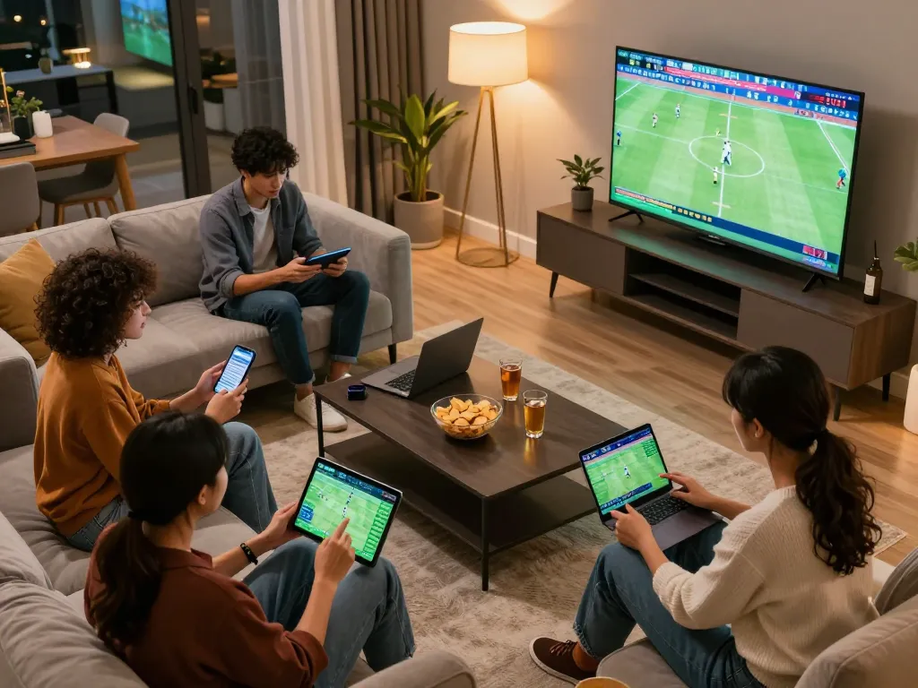 Socolive app in use while watching a football match at home, highlighting a friendly betting atmosphere.