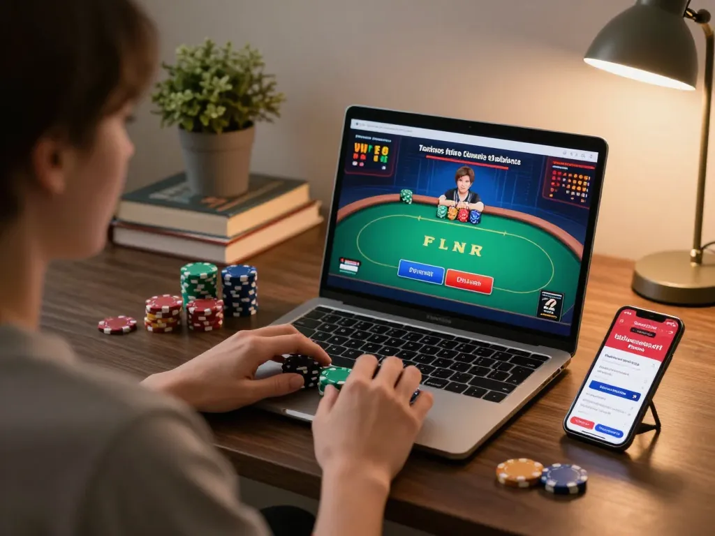 Play poker online using taixiusunwin.art app in a cozy home setting, highlighting responsible gaming