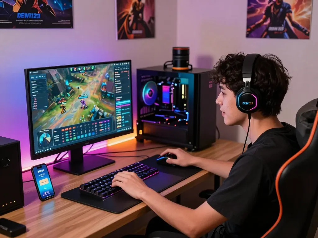 Excited player using DEWI123 gaming platform on laptop with vibrant RGB setup.