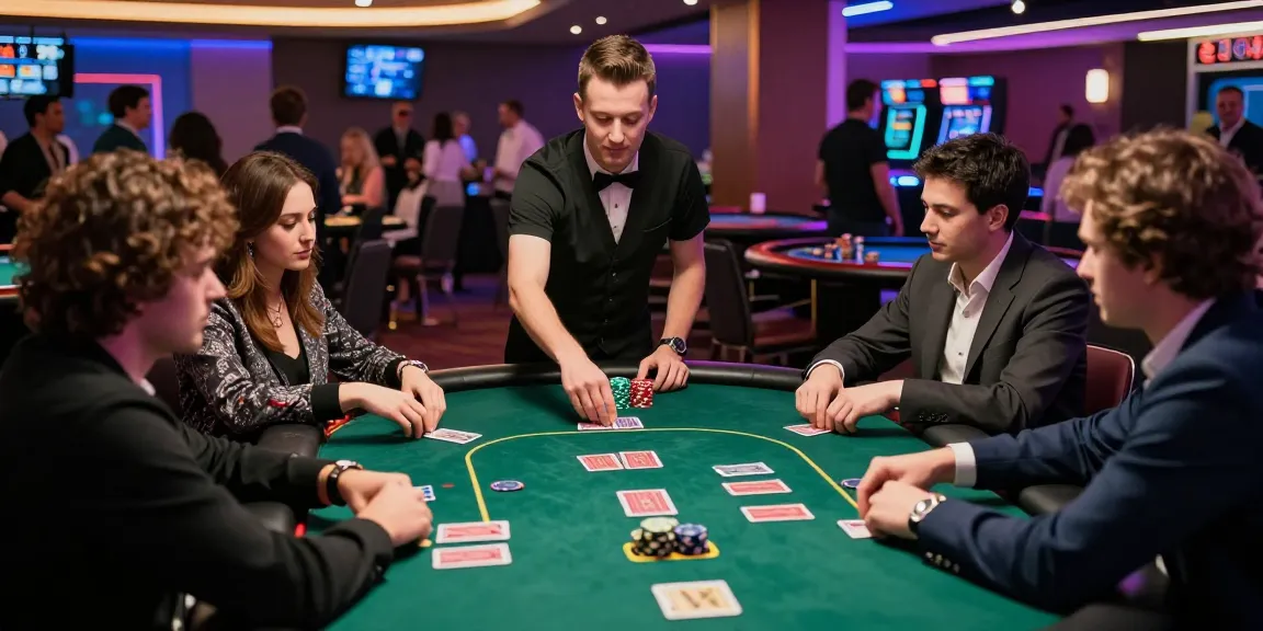 Permainan poker88 di kasino yang ramai, pemain fokus dan dealer berpengalaman.