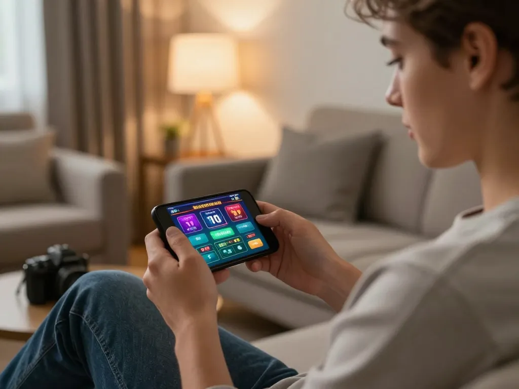 Engaging in mobile casino betting on bk8 with a focused approach in a cozy home setting.