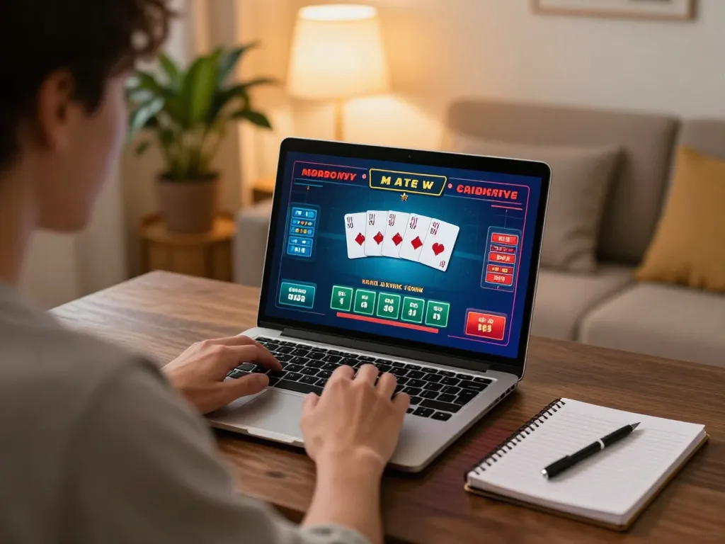 Engaged player using LGOSUPER for live dealer poker at home with laptop and notebooks.