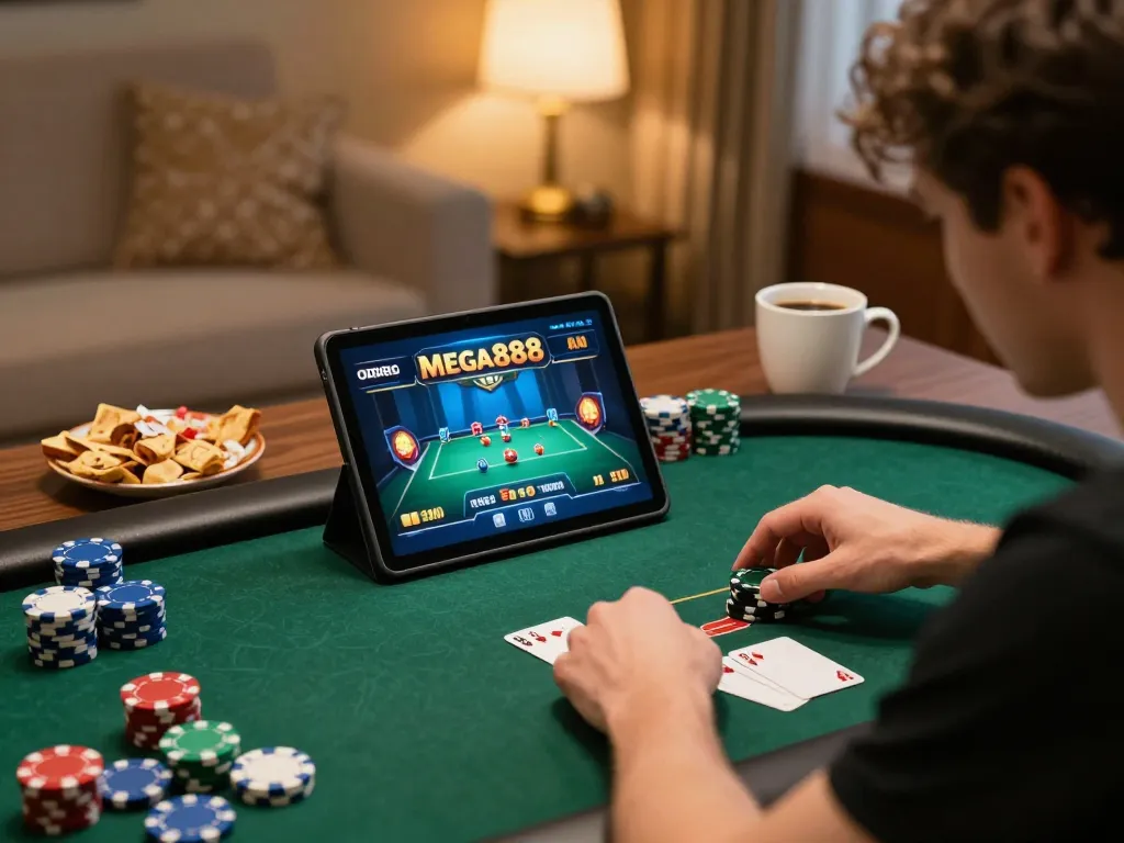 Engaging in mega888 poker game on tablet, showcasing a dynamic online gambling atmosphere.